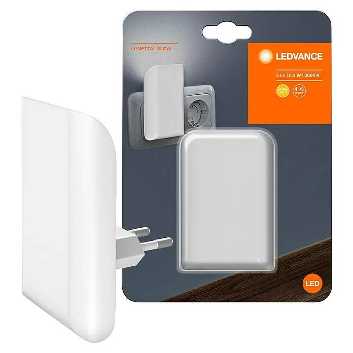Ledvance LED-Nachtlicht Lunetta Glow - 0,28 W, Weiß, L x B x H: 6 x 6 x 9 cm - Weißes LED-Nachtlicht mit Eurostecker, in Blisterverpackung. Mit warmem Licht und automatischem Ein-/Ausschalten.