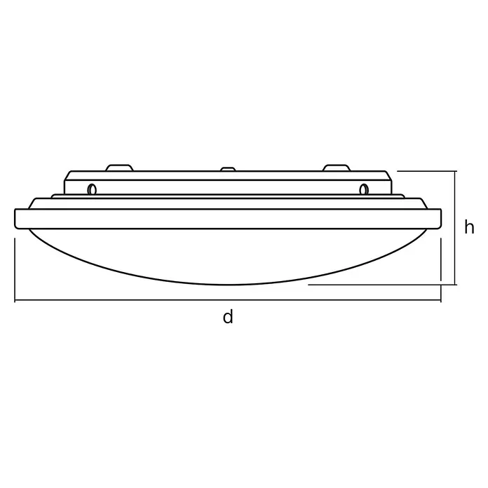 Osram LED-Wand- & Deckenleuchte Clickswitch - 16 W, Weiß, Tageslichtweiß, Durchmesser: 310 mm - Seitenansicht einer runden, flachen Kuppelleuchte mit Durchmesser (d) und Höhe (h) angegeben.