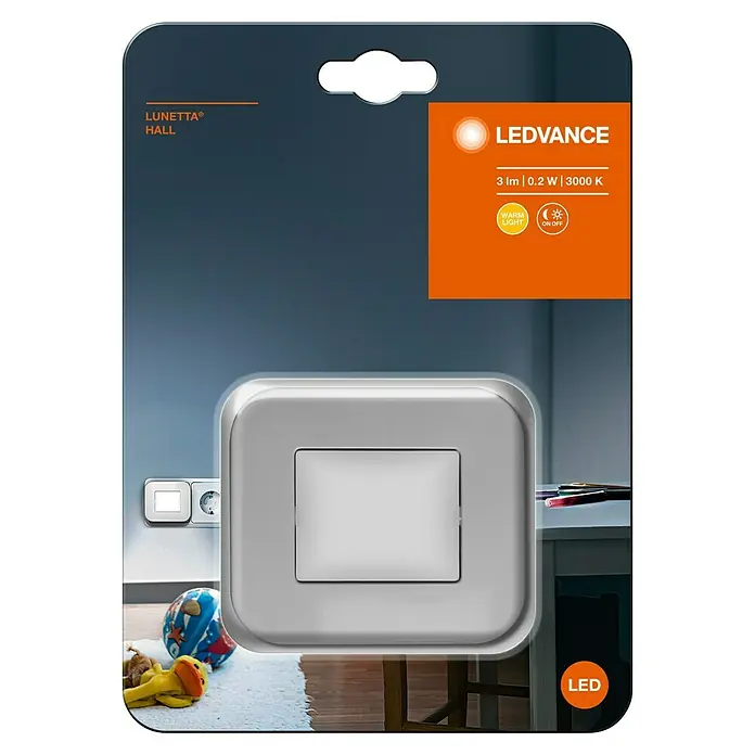 Ledvance LED-Nachtlicht Lunetta Hall - 0,2 W, Weiß, L x B x H: 6,5 x 8,4 x 7,3 cm - Verpackung einer LEDVANCE Lunetta Hall LED-Nachtleuchte mit Angaben zu Lichtstärke, Leistung und Farbtemperatur.