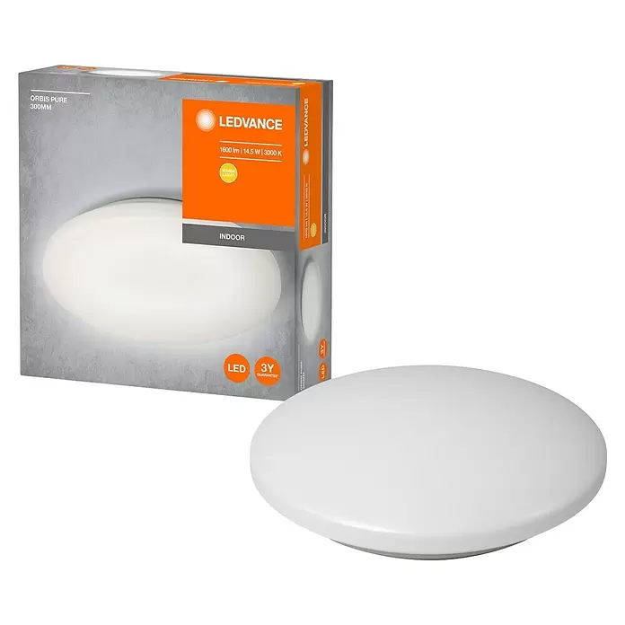 Ledvance LED-Wand- & Deckenleuchte Pure - 16 W, Weiß, Durchmesser: 300 mm - Weißes, rundes LED-Deckenlicht mit Produktverpackung, LEDVANCE-Branding und Spezifikationen.