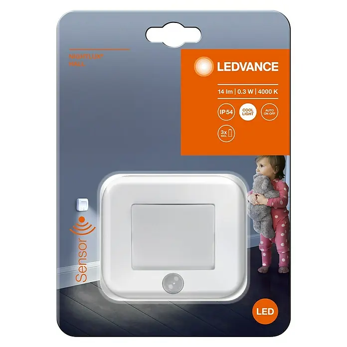 Osram Nightlux Luz de noche LED - Blanco, L x An x Al: 8,4 x 7,3 x 2,2 cm - Imagen de una luz nocturna LEDVANCE LED con sensor, ideal para pasillos, con 14 lúmenes, 0,3 W y una temperatura de color de 4000 K.