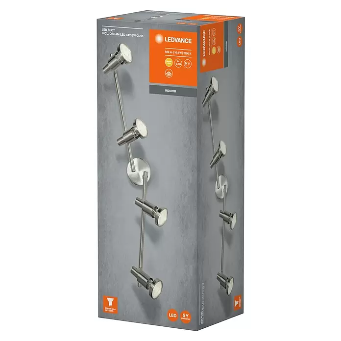 Osram LED-Deckenstrahler - 10,4 W, L x B x H: 675 x 80 x 155 mm, Nickel matt, Warmweiß, 4 Stk. - LEDVANCE LED-Strahler Verpackung, zeigt eine 4-flammige Leuchte aus gebürstetem Metall auf der Vorderseite.