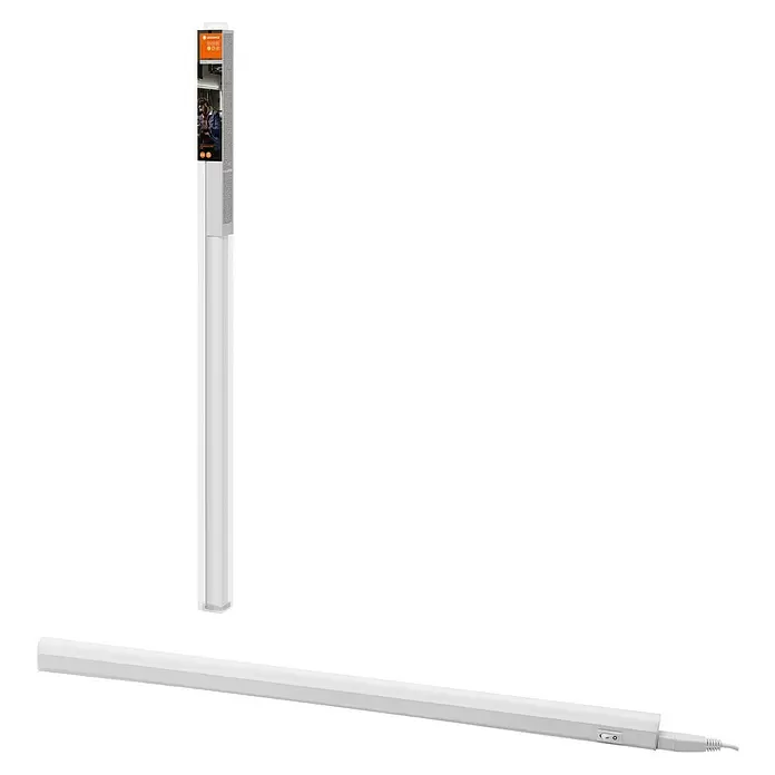 Osram LED-Lichtleiste Switch Batten - L x B x H: 87,3 x 2,2 x 3 cm, Lichtfarbe: Warmweiß, 10 W - Weiße LED-Lichtleiste, vertikal in Verpackung und horizontal mit Stromkabel und Schalter dargestellt.