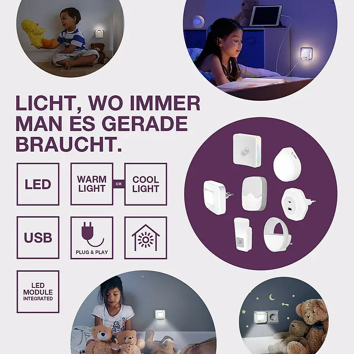 Osram Nightlux LED-Nachtlicht Stair - Silber, 28 x 84 x 73 mm - Intelligente LED-Nachtlichter für Kinderzimmer mit verschiedenen Funktionen wie USB-Anschluss und Plug & Play.