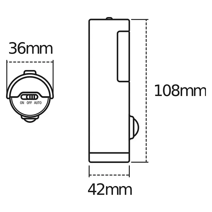 Osram Nightlux Mobiles LED-Licht Torch - Schwarz, 36 x 42 x 108 mm - Schematische Zeichnung des Produkts mit Angaben zu Abmessungen in mm.