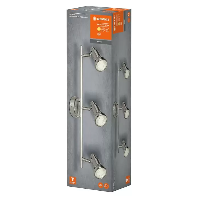 Osram LED-Deckenstrahler - 7,8 W, L x B x H: 465 x 80 x 146 mm, Nickel matt, Warmweiß, 3 Stk. - Gebürsteter Metall-LED-Wandstrahler mit drei verstellbaren Köpfen, inkl. warmweißen GU10 LED-Leuchtmitteln für den Innenbereich.
