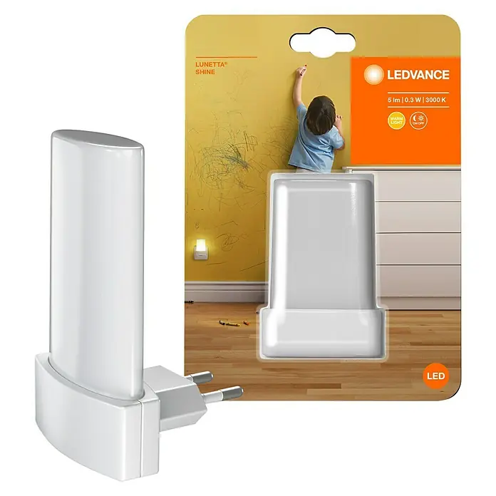 Osram Luz de noche LED Lunetta - 0,28 W, Blanco, L x An x Al: 6 x 6 x 9 cm, Blanco cálido - Imagen de una luz nocturna LEDVANCE Lunetta Shine, que ofrece una iluminación suave para habitaciones infantiles y una fácil instalación enchufable.