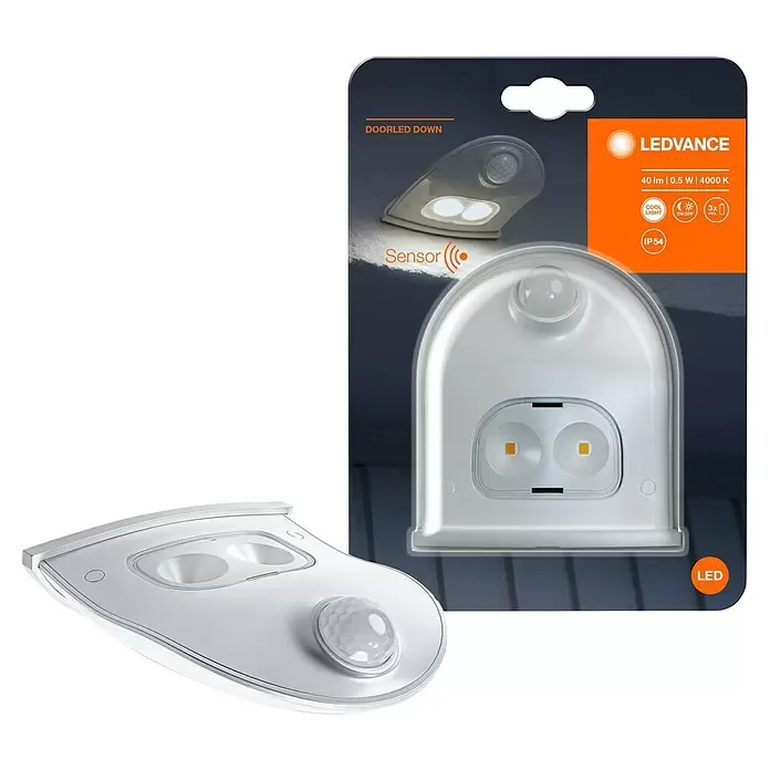 Ledvance Luz para puerta LED Down - Blanco, Funciona con pilas, 102,5 x 92,4 x 36,5 mm - Luz LED blanca para puerta con sensor de movimiento integrado, sin embalar y en su envase gris.