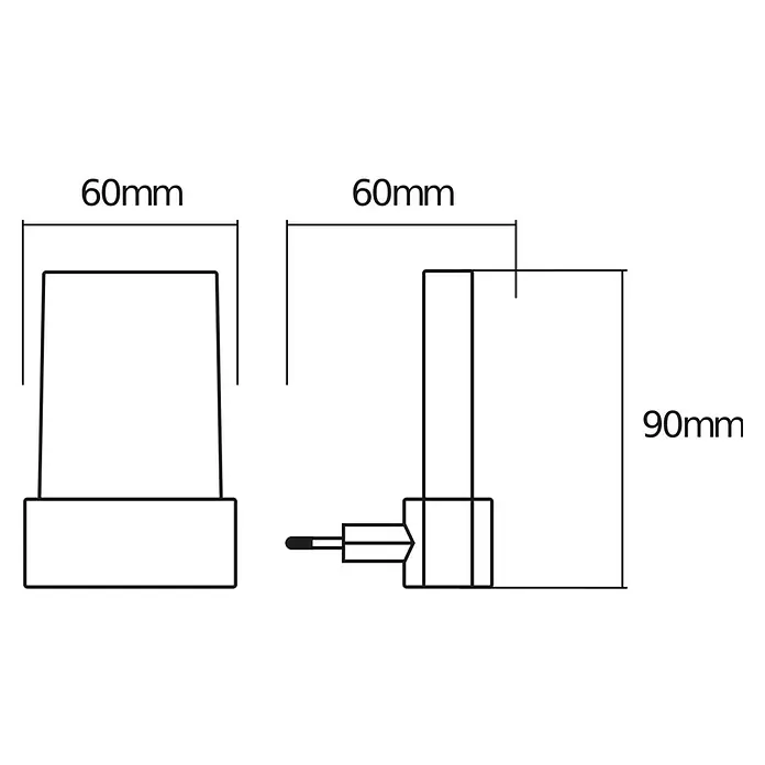 Osram LED-Nachtlicht Lunetta Shine - 0,28 W, Weiß, L x B x H: 6 x 6 x 9 cm, Warmweiß - Abbildung eines Wasserhahns mit den Maßen 60 mm Breite und 90 mm Höhe. Schematische Darstellung der Armatur mit Maßangaben.