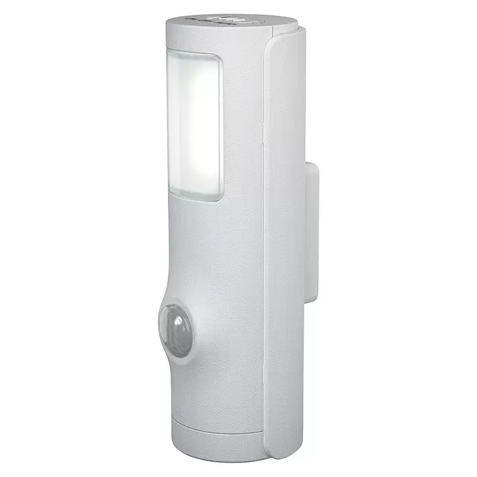 Osram Nightlux Mobiles LED-Licht Torch - Weiß, 36 x 42 x 108 mm - Weißes, strukturiertes Bewegungsmelder-Licht mit mattierter Lichtplatte und kugelförmigem Sensor unten.