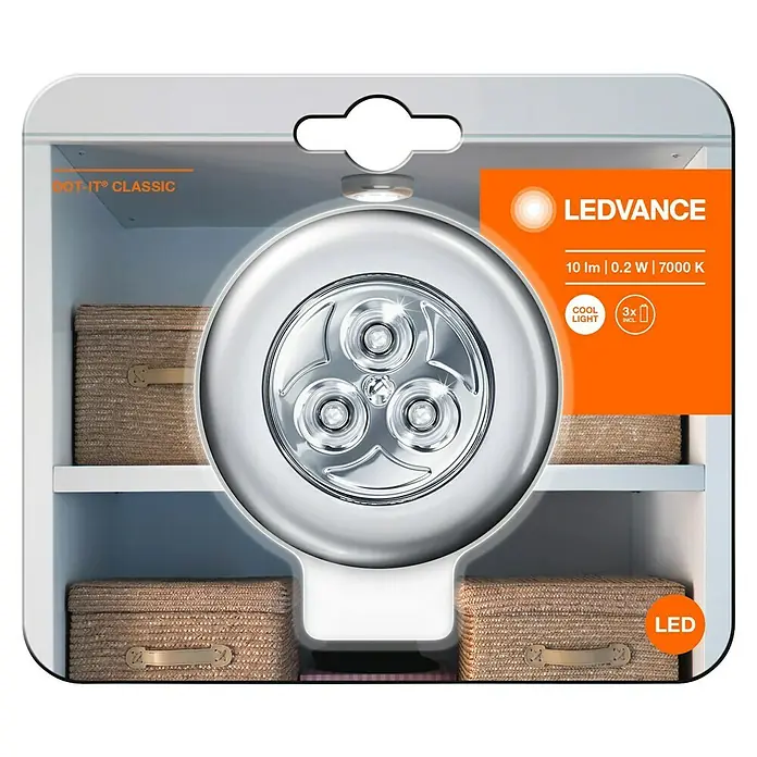 Osram DOT-it Aplique de pared redondo Classic - Plateado, 67 mm - La luz LED LEDVANCE Dot-it Classic ofrece 10 lm, 0.2 W y 7000 K para luz fría. Incluye 3 pilas para uso inmediato.
