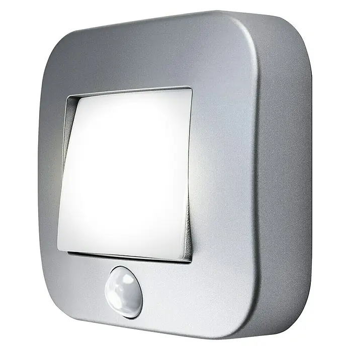 Osram Nightlux LED-Nachtlicht Hall - Silber, L x B x H: 8,4 x 7,3 x 2,2 cm - Quadratische LED-Wandleuchte mit Bewegungsmelder in Silber für den Innenbereich. Sorgt für dezente Beleuchtung und Sicherheit im Haus.