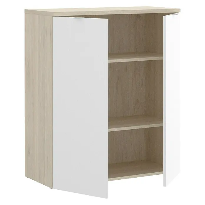 Dekit Armario multiusos de madera Rox - L x An x Al: 40 x 79 x 96 cm, Plástico, Blanco/Natural - Un elegante archivador con aspecto de madera con puertas blancas y estantes prácticos para un almacenamiento organizado.