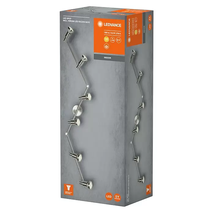 Osram LED-Deckenstrahler - 15,6 W, L x B x H: 1.190 x 80 x 170 mm, Nickel matt, Warmweiß, 6 Stk. - Sechsflammige LED-Innenleuchte mit verstellbaren, silberfarbenen Metallarmen und GU10-Birnen.