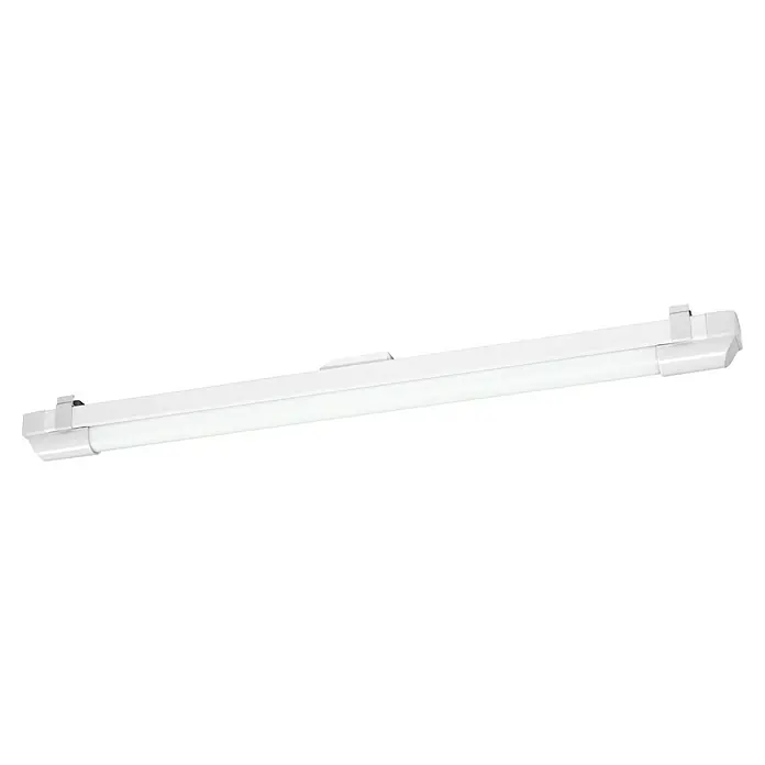 Osram LED-Lichtleiste Power Batten - L x B x H: 60 x 4,1 x 4,8 cm, Lichtfarbe: Kaltweiß, 12 W, 220 V - 240 V - Nahaufnahme einer weißen LED-Röhrenleuchte mit Halterungen. Ideal für Werkstatt oder Garage.