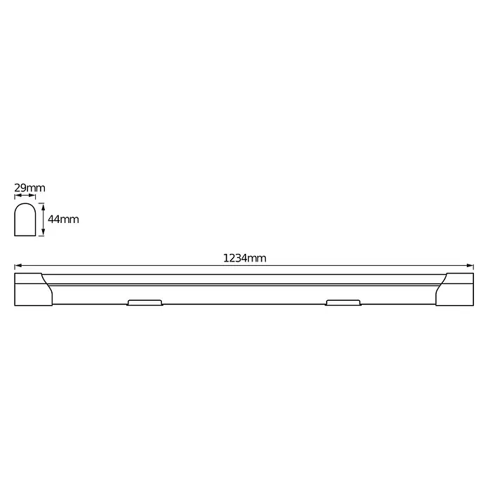 Osram LED-Lichtleiste Value Batten - L x B x H: 120 x 2,9 x 4,4 cm, Lichtfarbe: Kaltweiß, 20 W - Technische Zeichnung eines linearen Profils: 1234mm lang, mit einem abgerundeten U-förmigen Querschnitt (29mm breit, 44mm hoch).