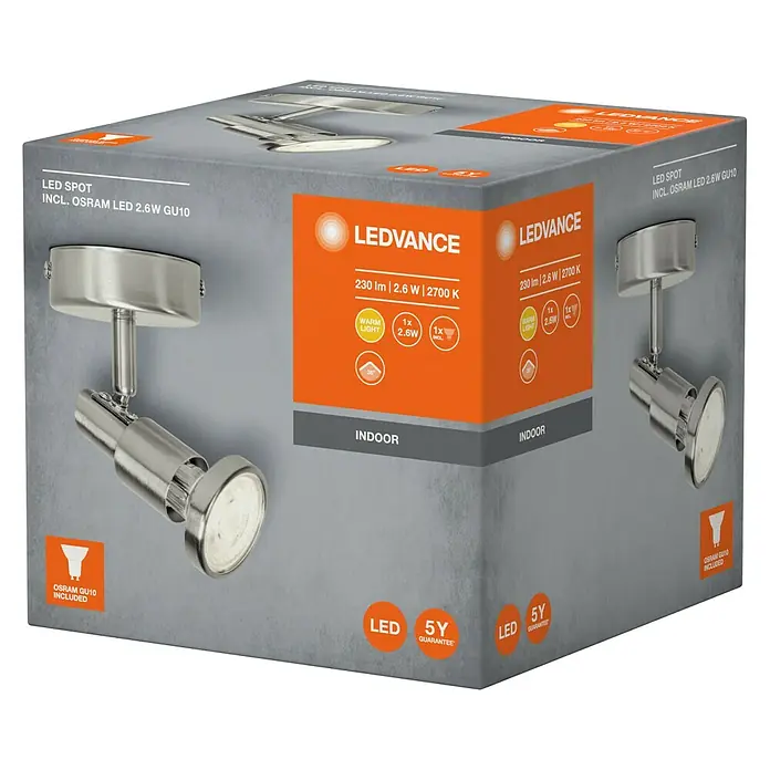 Osram LED-Deckenstrahler - 2,6 W, L x B x H: 80 x 80 x 130 mm, Nickel matt, Warmweiß, 1 Stk. - Verpackung eines LEDVANCE LED Spots inklusive OSRAM LED 2.6W GU10 Leuchtmittel mit 5 Jahren Garantie für den Innenbereich.