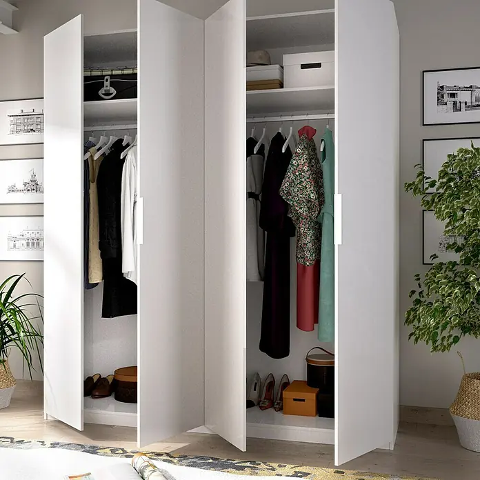 Dekit Armario para ropa Essen - L x An x Al: 52 x 180 x 204 cm, Blanco - Armario blanco abierto con ropa y accesorios, que proporciona almacenamiento y organización.