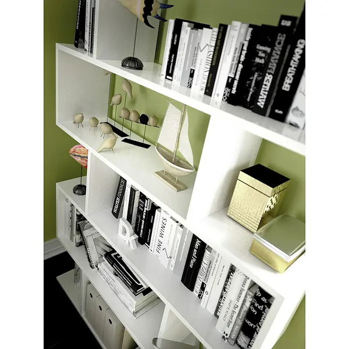 Dekit Estantería de madera Lis - Al x An x Pr: 190 x 80 x 25 cm, Número de baldas: 6 ud., Atornillado, Blanco - Una elegante estantería blanca muestra una diversa colección de libros y objetos decorativos, añadiendo un toque de estilo al espacio.
