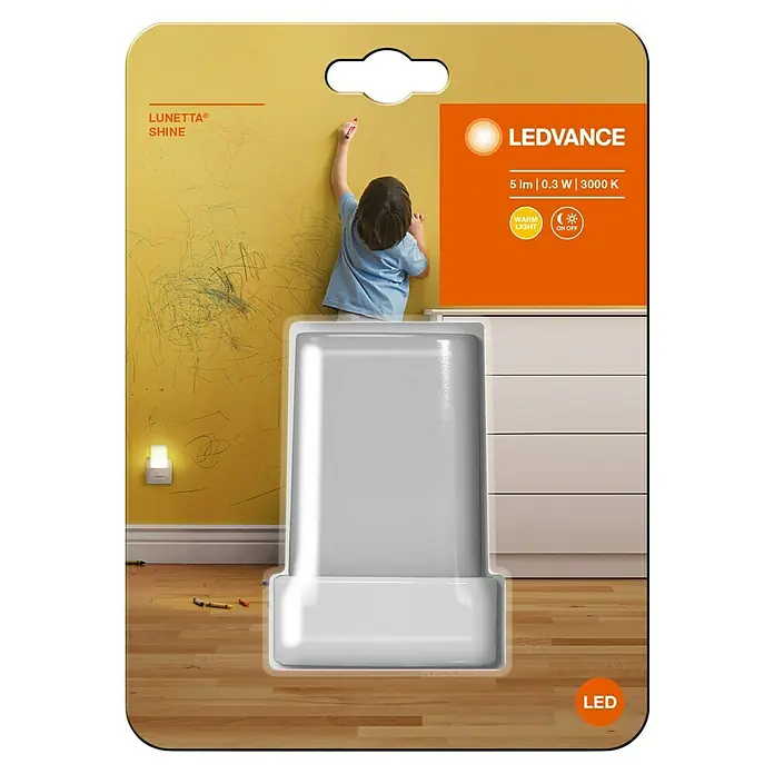 Osram Luz de noche LED Lunetta - 0,28 W, Blanco, L x An x Al: 6 x 6 x 9 cm, Blanco cálido - Embalaje de la luz nocturna LED Lunetta Shine de LEDVANCE, que proporciona una luz suave para las habitaciones de los niños.