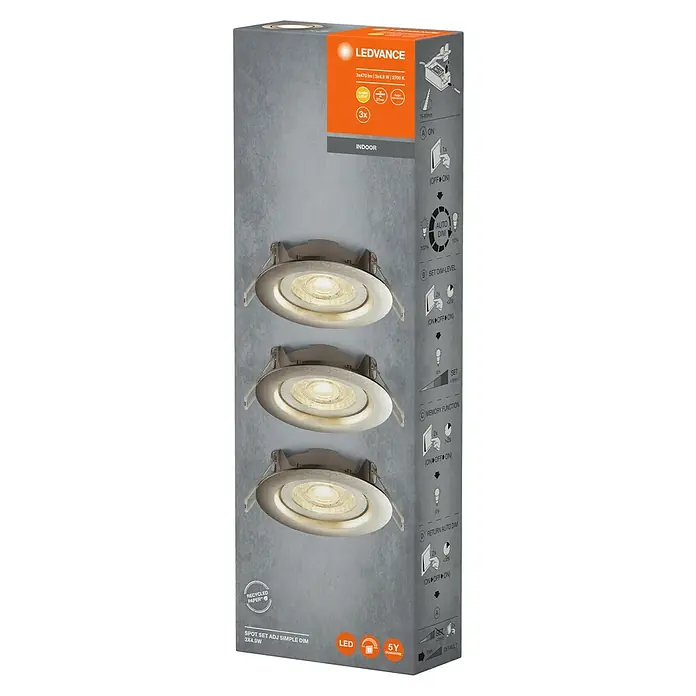 Ledvance LED-Einbauleuchten-Set Simple Dim - 4,9 W, Nickel, 3 Stk., Warmweiß - Eine Nahaufnahme der Verpackung eines LEDVANCE Spot Set Adj Simple Dim 3X4.9W. Perfekt für stimmungsvolle Innenraumbeleuchtung mit einfacher Dimmfunktion.