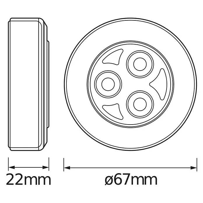 Osram DOT-it Mobiles LED-Licht Classic - Silber, 67 mm - Technische Zeichnung einer runden LED-Leuchte mit einem Durchmesser von 67 mm und einer Dicke von 22 mm.