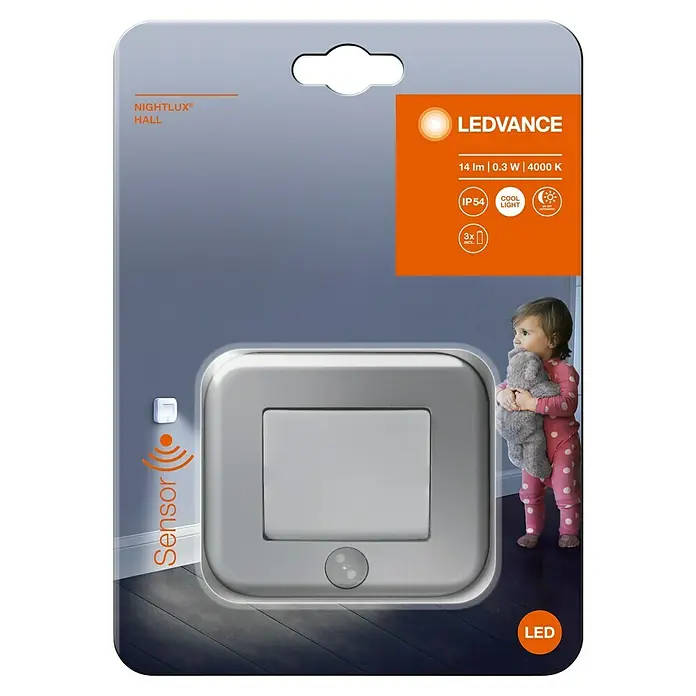 Osram Nightlux LED-Nachtlicht Hall - Silber, L x B x H: 8,4 x 7,3 x 2,2 cm - Verpackung der LEDVANCE Nightlux Hall LED-Leuchte mit Bewegungssensor, ideal für Flure. Die Lampe bietet 14 lm, 0.3 W und 4000 K.