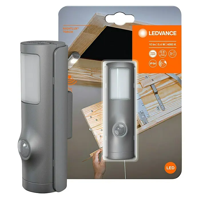 Osram Nightlux Mobiles LED-Licht Torch - Schwarz, 36 x 42 x 108 mm - LEDVANCE Nightlux Torch: Eine praktische, batteriebetriebene LED-Leuchte mit Bewegungssensor für den Innenbereich. Ideal für Flure, Schränke und mehr.