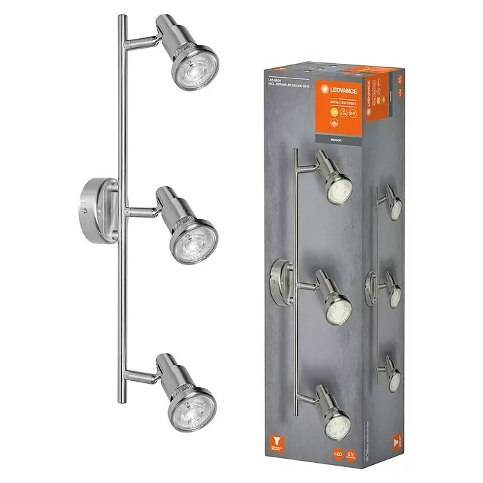 Osram LED-Deckenstrahler - 7,8 W, L x B x H: 465 x 80 x 146 mm, Nickel matt, Warmweiß, 3 Stk. - Gebürstete Metall-LED-Spot-Wandleuchte mit drei verstellbaren Köpfen.