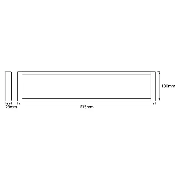 Ledvance LED-Deckenleuchte Office Line - 25 W, L x B x H: 61,5 x 13 x 2,5 cm, Weiß, Neutralweiß - Technische Zeichnung eines rechteckigen Bauteils mit Maßen: 615x130x28mm.