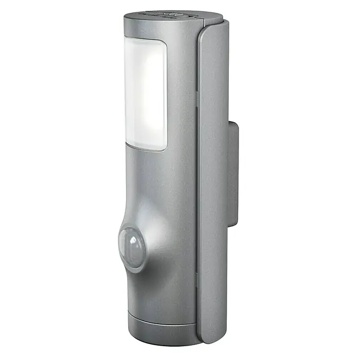 Osram Nightlux Mobiles LED-Licht Torch - Schwarz, 36 x 42 x 108 mm - Bild einer modernen, grauen Außenleuchte mit Bewegungsmelder und integriertem LED-Licht, ideal für Eingänge und Gärten.