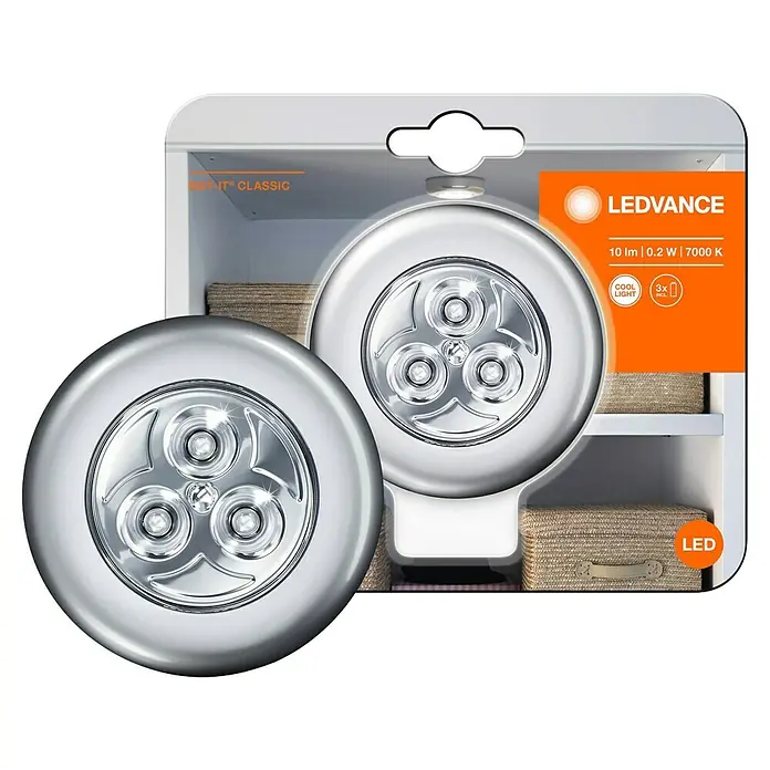 Osram DOT-it Mobiles LED-Licht Classic - Silber, 67 mm - LEDVANCE Dot-it Classic: Zwei silberne, runde LED-Leuchten für den Innenbereich, ideal zur Beleuchtung von Schränken und Regalen.