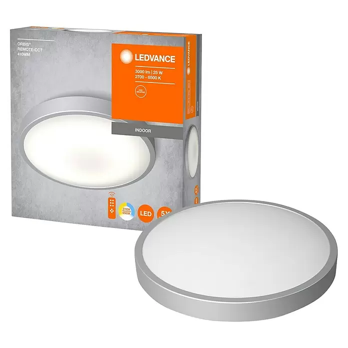 Ledvance Plafón LED redondo Silara - 21 W, Ø x Al: 400 x 88 mm, Blanco, Blanco neutro - Plafón LED redondo con difusor blanco y borde plateado, mostrado con su embalaje de producto.