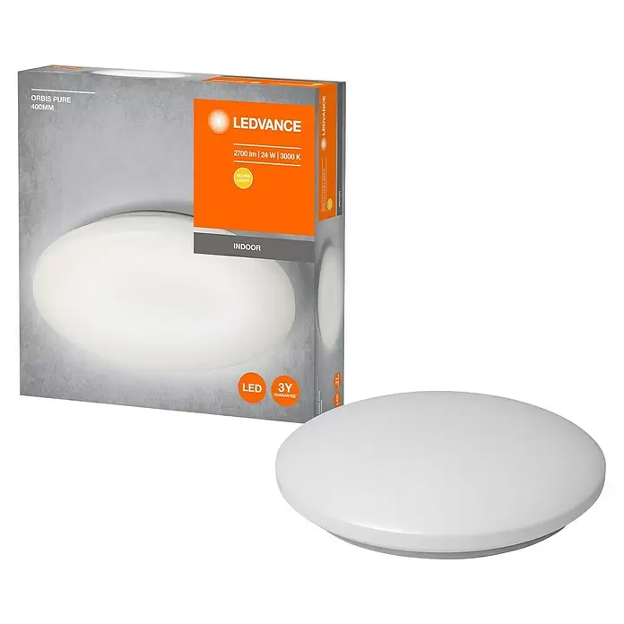 Ledvance LED-Wand- & Deckenleuchte Pure - 21 W, Weiß, Durchmesser: 400 mm - LEDVANCE Orbis Pure 400mm runde weiße LED-Deckenleuchte und Verpackung.
