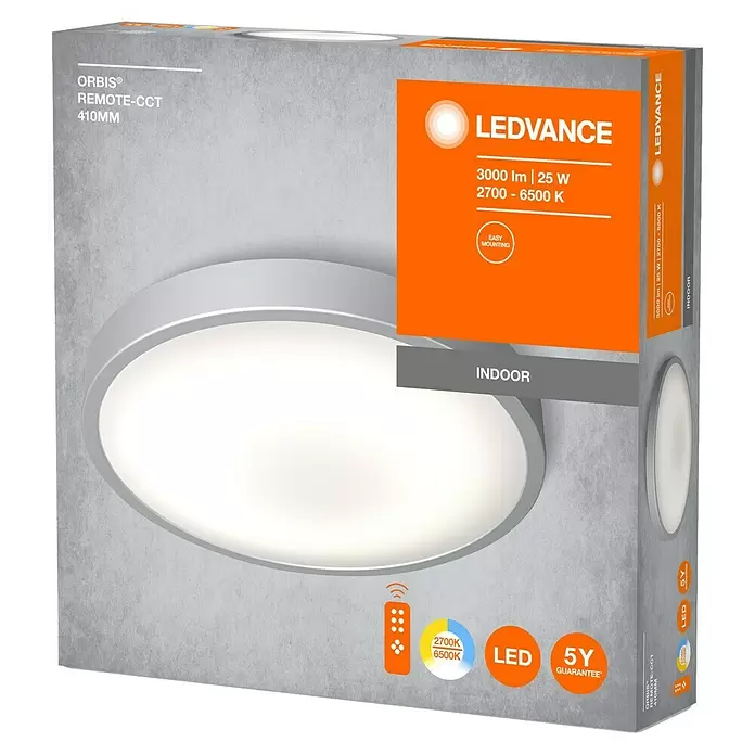 Ledvance Plafón LED redondo Silara - 21 W, Ø x Al: 400 x 88 mm, Blanco, Blanco neutro - Plafón LEDVANCE ORBIS REMOTE-CCT 410mm (2700-6500K) con mando a distancia, mostrado en su caja gris claro y naranja.