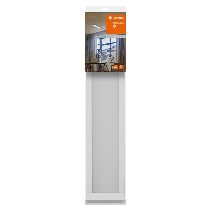 Ledvance LED-Deckenleuchte Office Line - 25 W, L x B x H: 61,5 x 13 x 2,5 cm, Weiß, Neutralweiß - Weiße und orange LEDVANCE LED-Büroleuchtenverpackung, zeigt die Leuchte in einem modernen Büro.