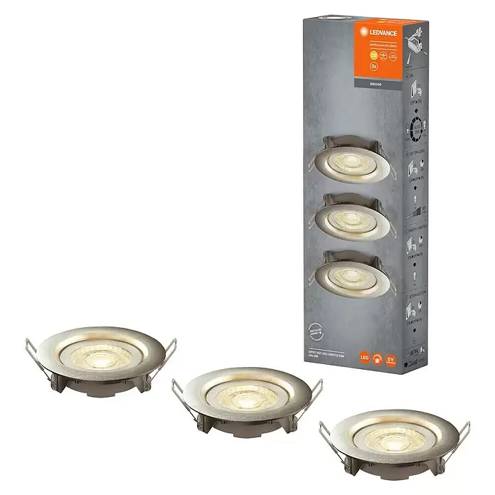 Ledvance Set de focos LED empotrables Simple Dim - 4,9 W, Níquel, 3 ud., Blanco cálido - Tres focos LED empotrables plateados con luz cálida, acompañados de su embalaje.