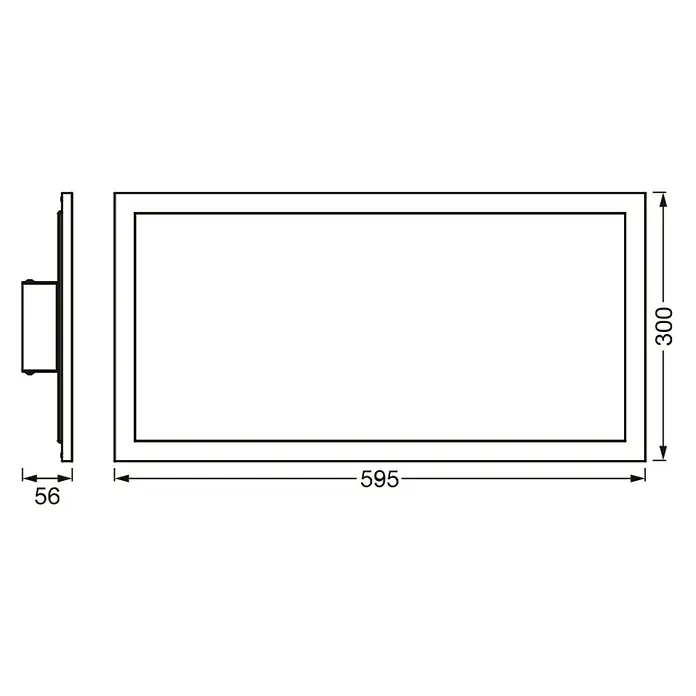 Ledvance LED-Panel Planon Plus - 22 W, 60 x 30 cm, Weiß, Kaltweiß - Produktbild mit Maßangaben. Das rechteckige LED-Panel hat die Maße 595 x 300 mm, die Tiefe beträgt 56 mm. Ideal für moderne Beleuchtungskonzepte.