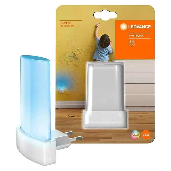 Ledvance LED-Nachtlicht Lunetta Shine - 0,28 W, Weiß, L x B x H: 6 x 6 x 9 cm, RGBW - "Weißes LED-Steckdosen-Nachtlicht mit transluzentem Diffusor, unverpackt (blaues Licht) und auf Einzelhandelsverpackung (RGBW) gezeigt."