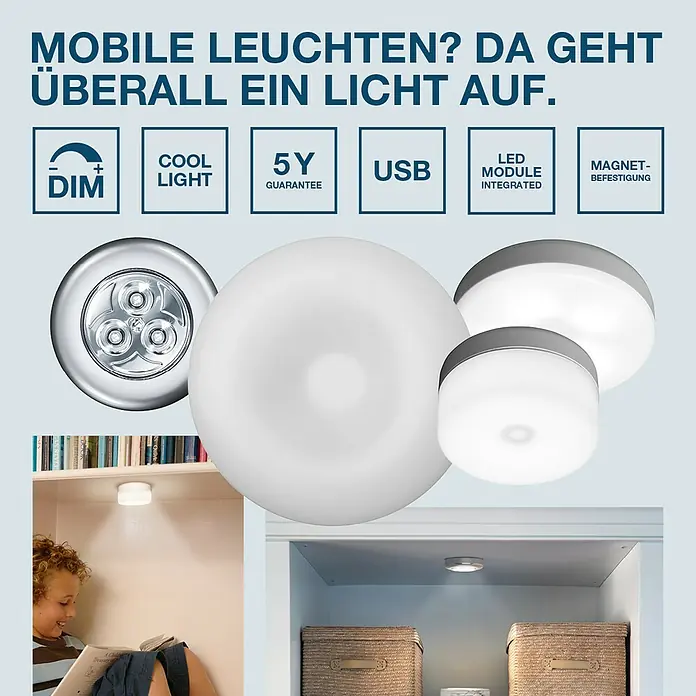 Osram DOT-it Mobiles LED-Licht Classic - Silber, 67 mm - Bild von verschiedenen mobilen Leuchten, wie einer Puck-Leuchte und einer Kugel-Leuchte, die sich ideal für Schränke oder Regale eignen.