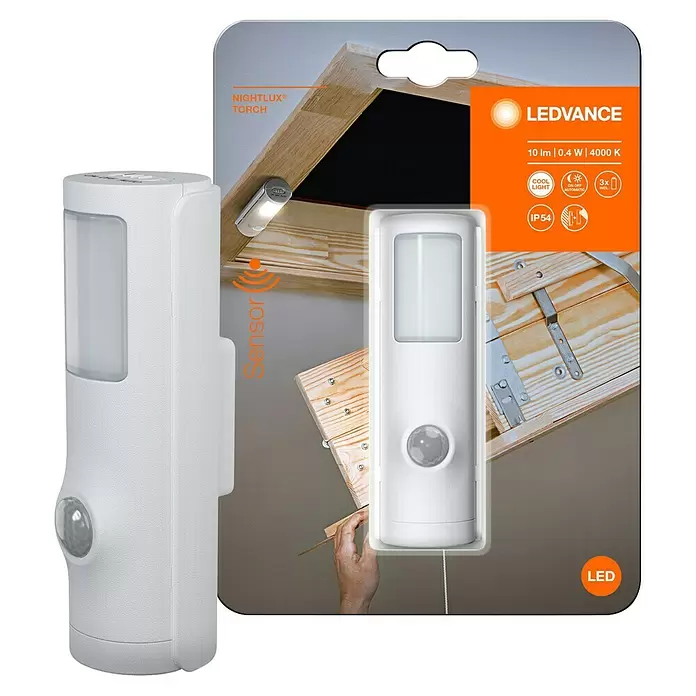 Osram Nightlux Mobiles LED-Licht Torch - Weiß, 36 x 42 x 108 mm - Weißes LEDVANCE Nightlux Torch Sensorlicht und Verpackung, mit automatischem Kaltlicht, 10 lm, 0.4W, 4000K, IP54.