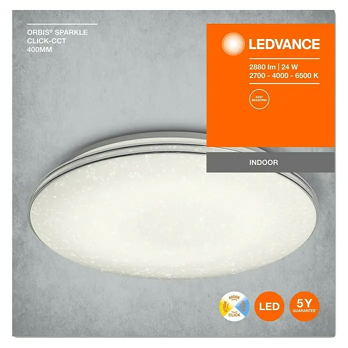 Ledvance LED-Wand- & Deckenleuchte Sparkle Click CCT - 24 W, Tageslichtweiß, Farbtemperatur: 2.700 K - 6.500 K - Nahaufnahme der LEDVANCE ORBIS® SPARKLE Deckenleuchte, die ein helles, gleichmäßiges Licht mit funkelndem Effekt bietet.