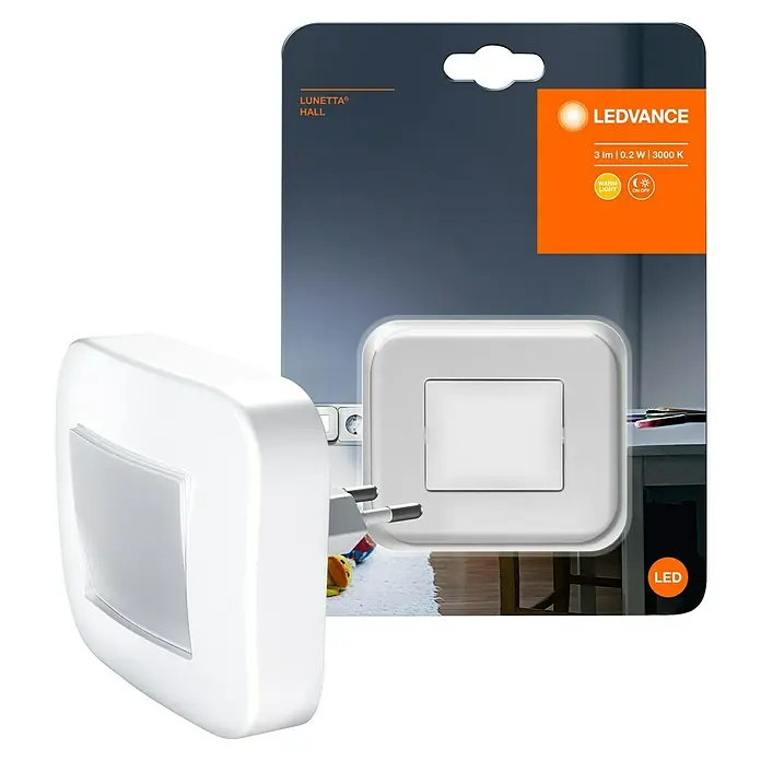 Ledvance Luz de noche LED con interruptor Lunetta - 0,2 W, Blanco, L x An x Al: 6,5 x 8,4 x 7,3 cm - Luz nocturna LED LEDVANCE Lunetta Hall con luz blanca cálida y sensor día/noche. Ideal para pasillos y habitaciones infantiles, proporciona orientación en la oscuridad.