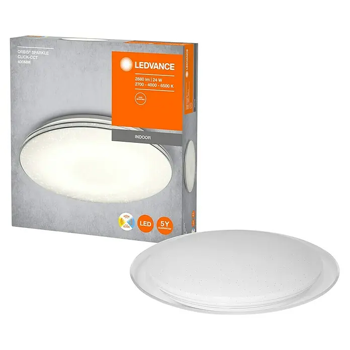 Ledvance LED-Wand- & Deckenleuchte Sparkle Click CCT - 24 W, Tageslichtweiß, Farbtemperatur: 2.700 K - 6.500 K - Nahaufnahme der LEDVANCE Orbis Sparkle Deckenleuchte, die für ihre einstellbare Farbtemperatur und einfache Installation bekannt ist.