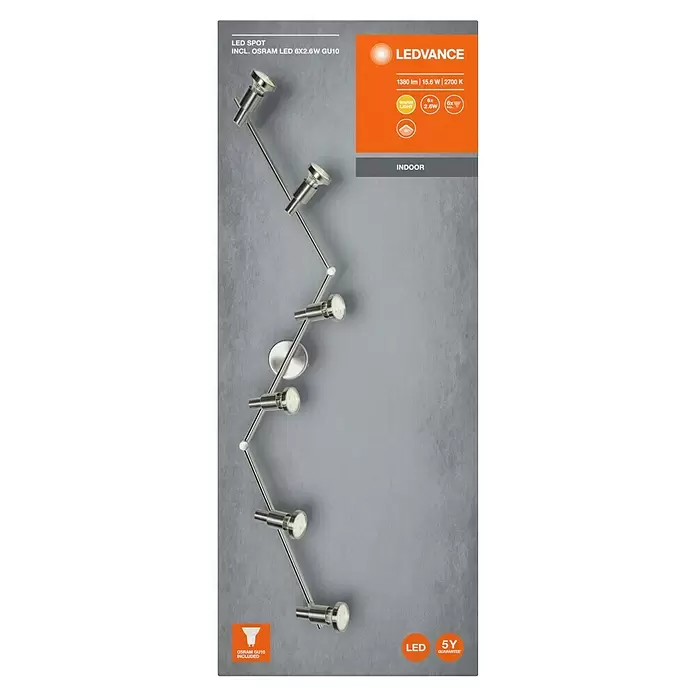 Osram LED-Deckenstrahler - 15,6 W, L x B x H: 1.190 x 80 x 170 mm, Nickel matt, Warmweiß, 6 Stk. - Gebürstete Metall-LED-Strahlerleuchte mit sechs verstellbaren Köpfen, für den Innenbereich geeignet.