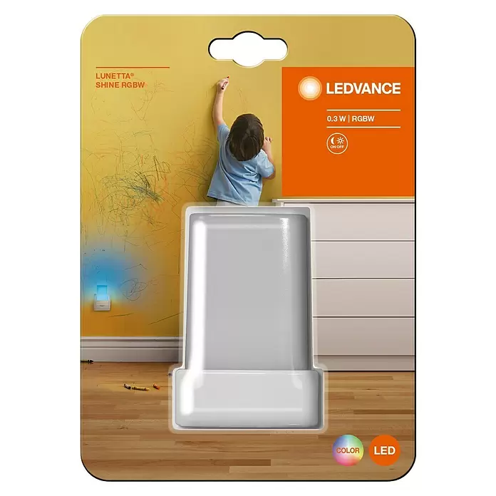 Ledvance LED-Nachtlicht Lunetta Shine - 0,28 W, Weiß, L x B x H: 6 x 6 x 9 cm, RGBW - Weißes LEDVANCE Lunetta Shine RGBW Nachtlicht in Verpackung, blau leuchtend in einem Kinderzimmer.