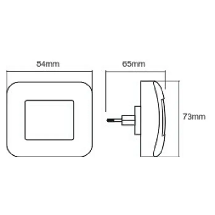 Ledvance LED-Nachtlicht Lunetta Hall - 0,2 W, Weiß, L x B x H: 6,5 x 8,4 x 7,3 cm - Produktzeichnung eines quadratischen LED-Lichts mit abgerundeten Ecken und den Maßen 84mm x 73mm x 65mm für detaillierte technische Spezifikationen.
