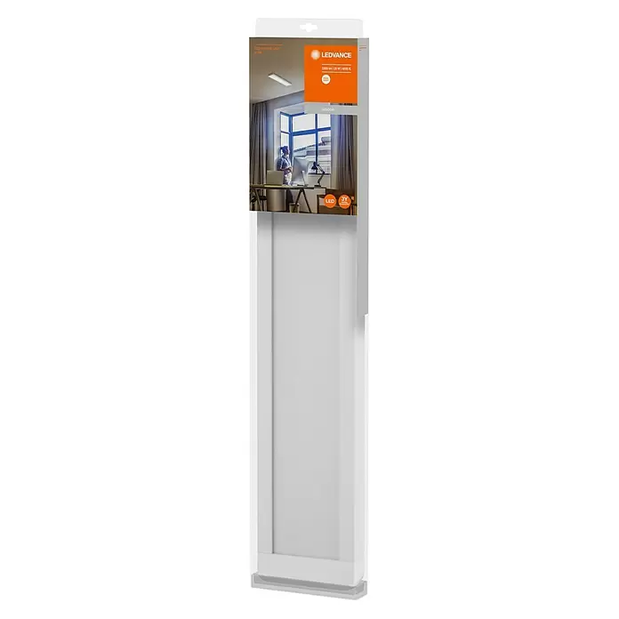 Ledvance LED-Deckenleuchte Office Line - 25 W, L x B x H: 61,5 x 13 x 2,5 cm, Weiß, Neutralweiß - LEDVANCE LED Office Line Leuchtenverpackung mit Abbildung einer rechteckigen Deckenleuchte in Büroumgebung und Produktspezifikationen.
