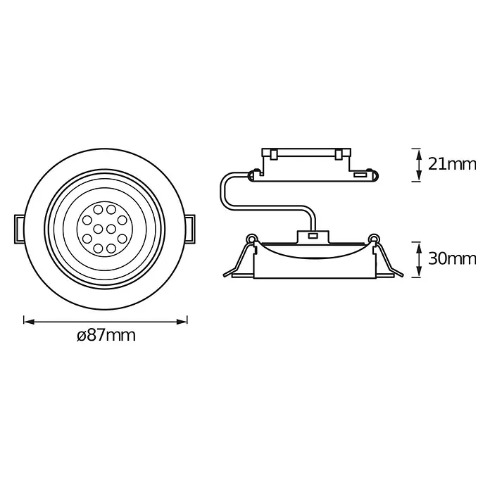 Ledvance LED-Einbauleuchten-Set Simple Dim - 4,9 W, Nickel, 3 Stk., Warmweiß - Produktabbildung eines Einbaustrahlers mit den Maßen Ø87mm Durchmesser, 21mm Höhe des Trafos und 30mm Höhe des Strahlers.