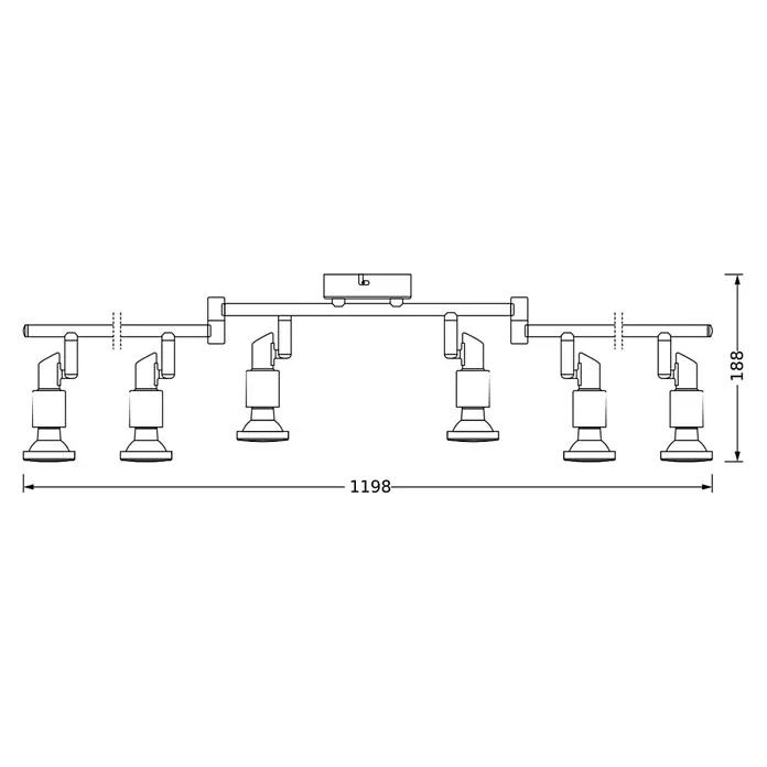 Osram LED-Deckenstrahler - 15,6 W, L x B x H: 1.190 x 80 x 170 mm, Nickel matt, Warmweiß, 6 Stk. - Skizze einer schwarzen Deckenleuchte mit sechs Strahlern und Maßangaben.